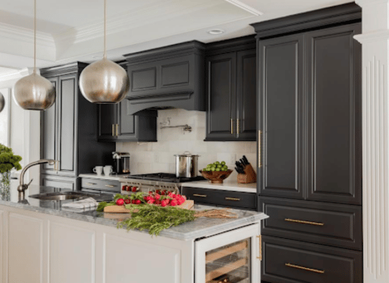 Black modern kitchen cabinet doors with gold cabinet hardware