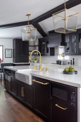 white countertops with black kitchen cabinets