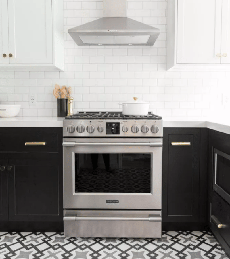 two-tone cabinets with white cabinets up top and black cabinets down below