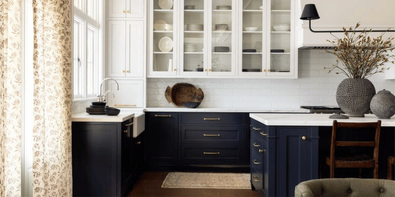 Two-tone blue and white kitchen cabinets